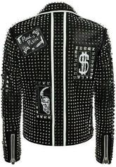 Men's Brando Studded Multi Patches Punk Black Leather Jacket